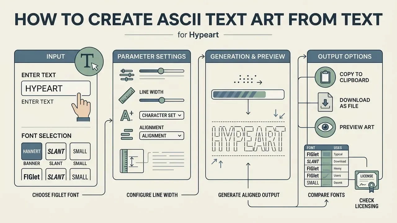 Step by step diagram showing text input, parameter settings, generation, and output options for an ASCII art generator