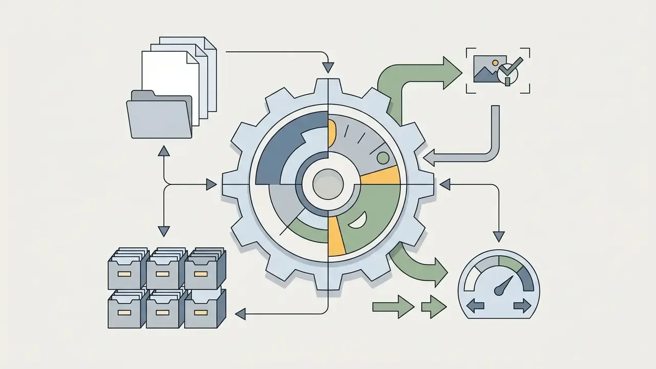 Central gear mechanism connecting document storage, validation icons, and performance tracking gauges