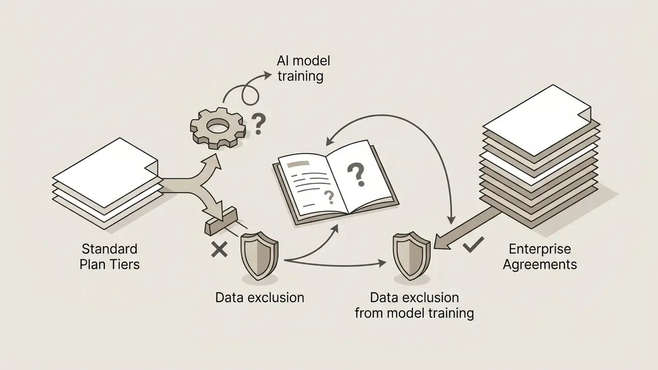 Conceptual map showing data exclusion from AI model training for Standard versus Enterprise agreements