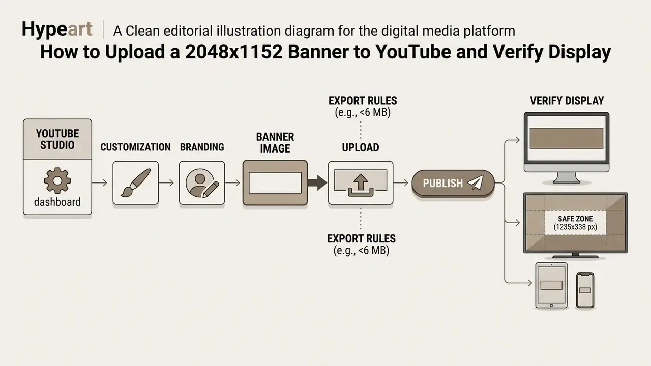 Step-by-step process diagram for navigating YouTube Studio settings to upload and publish channel art