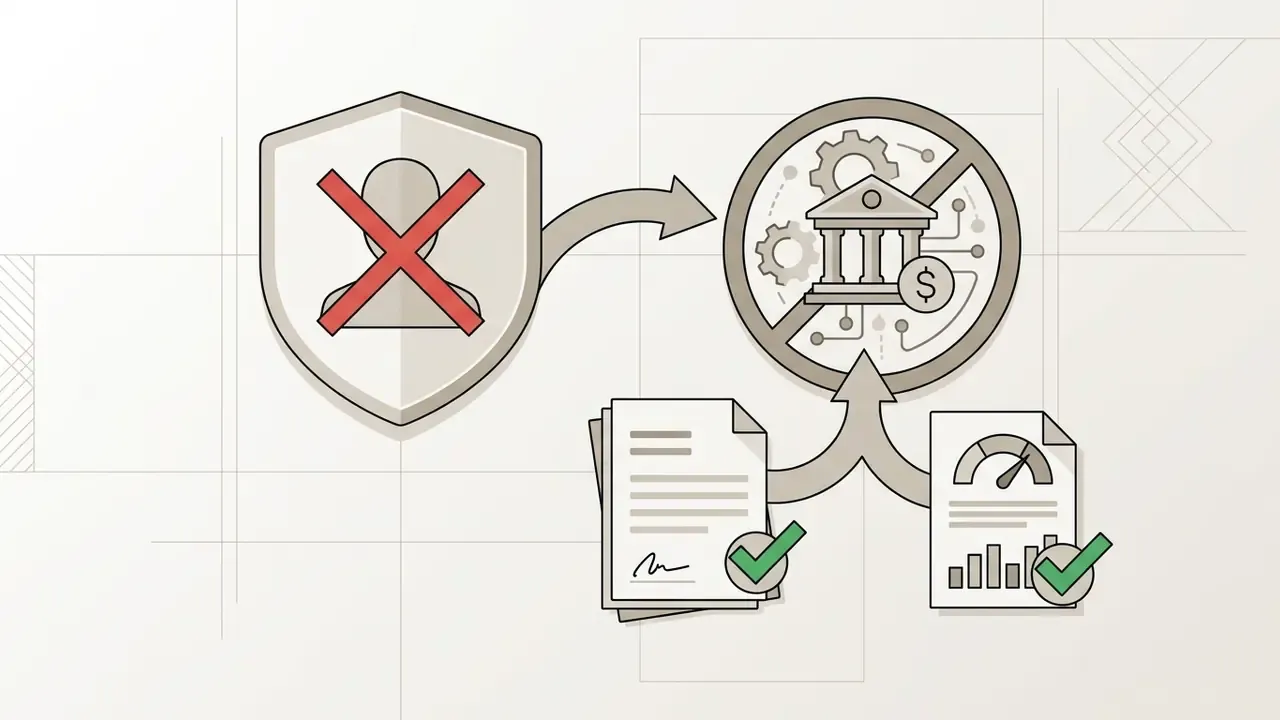 Shield with a crossed-out person icon pointing toward a bank symbol, signed documents, and a risk gauge