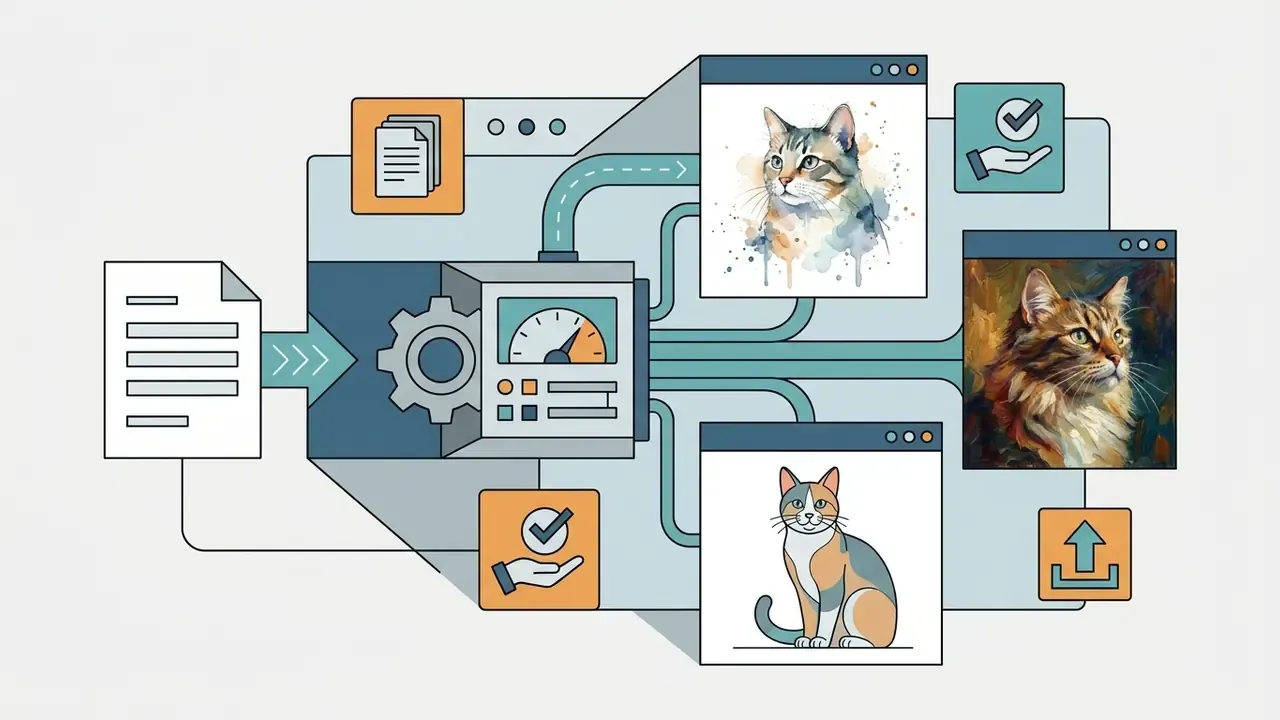 System diagram showing text input processed into diverse feline portraits with export options