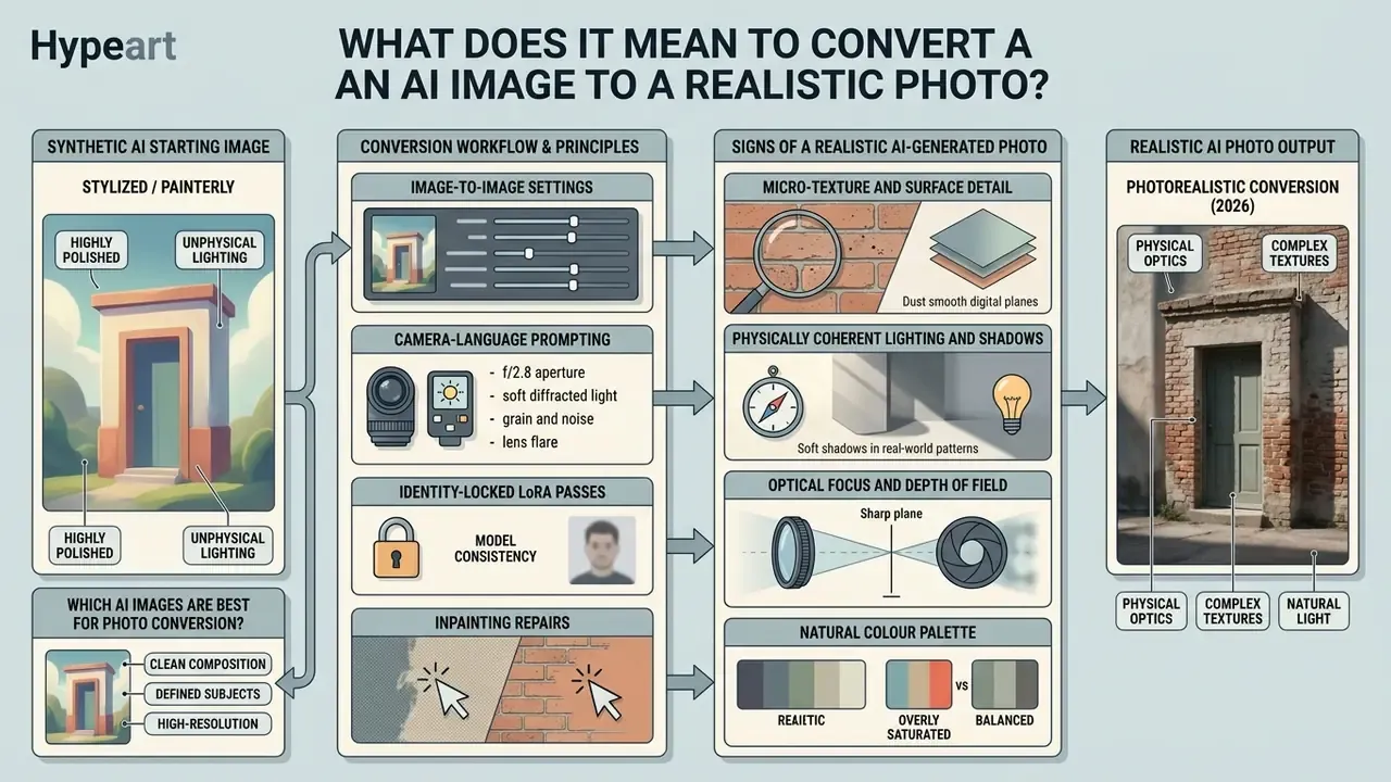 Detailed infographic outlining the workflow and key principles to make an AI image more realistic