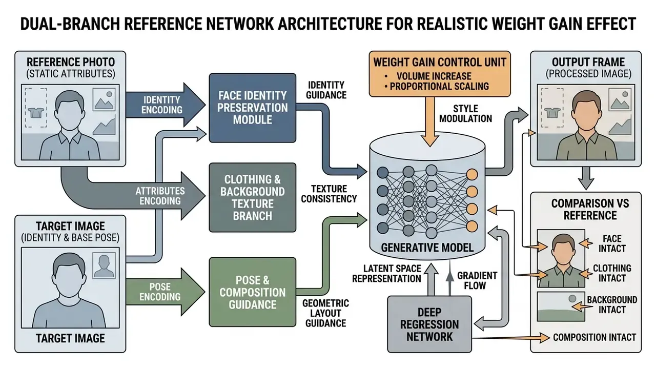 Schematic diagram showing a dual-branch network architecture for an AI fat filter and image processing