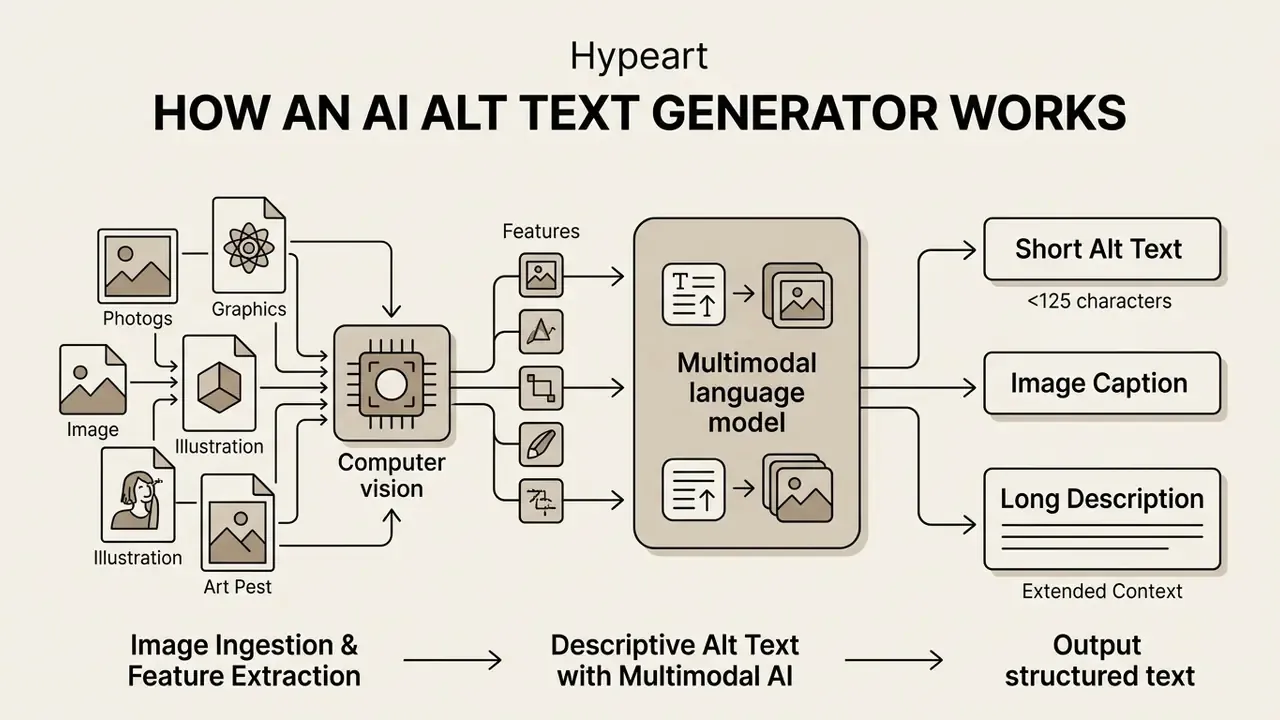 Flowchart showing images being processed by computer vision and a multimodal AI to generate text outputs