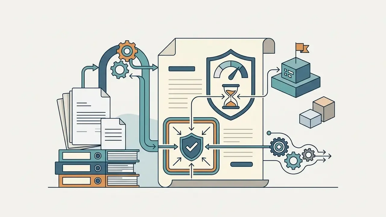 Stack of documents feeding into a contract page with a shield icon and an hourglass timer
