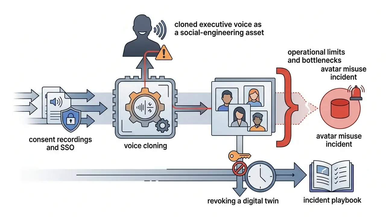 Voice cloning process flowing into potential avatar misuse incidents and incident playbook protocols