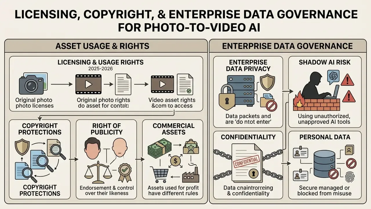 Summary of legal and data governance considerations when using AI to make a video from a photo