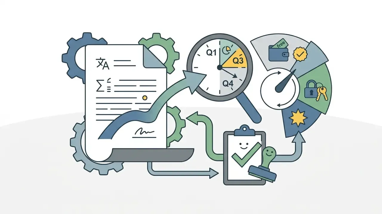 Document and clipboard icons connected by arrows to a quarterly clock and a status gauge