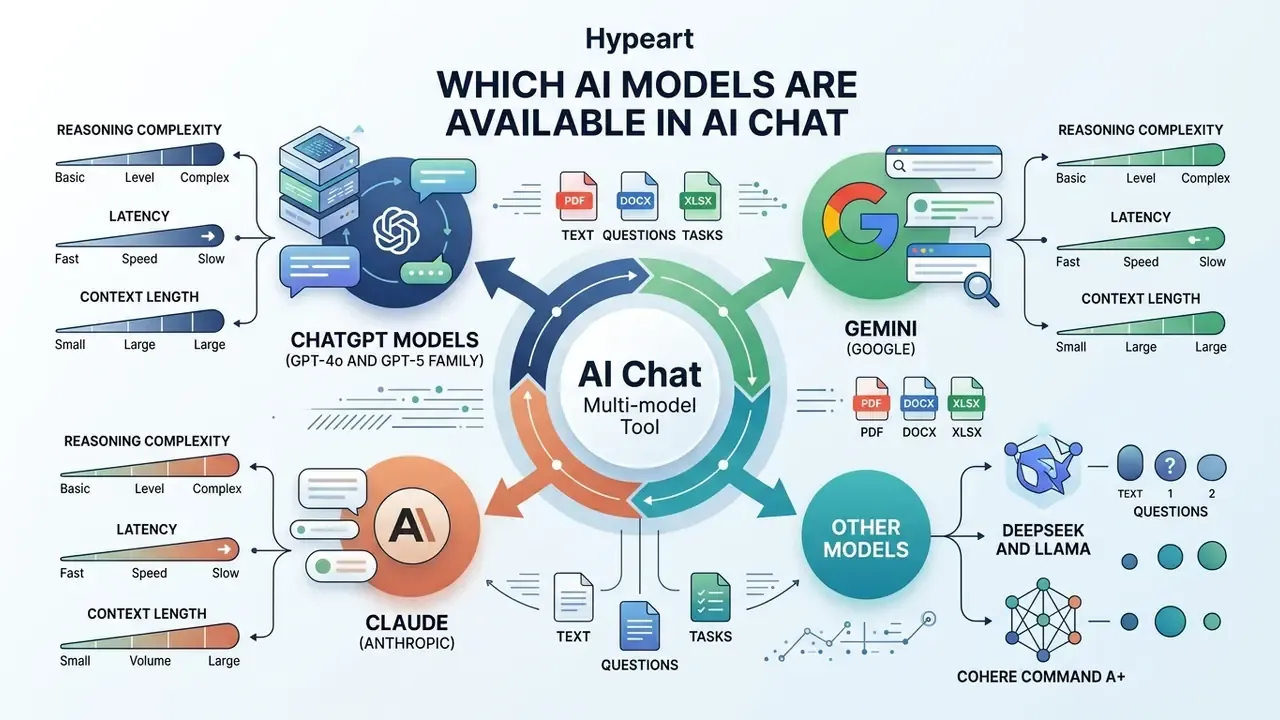 Comparison of various AI models showing metrics for reasoning complexity, latency, and context length
