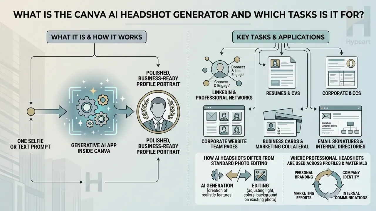 Infographic showing how the Canva AI headshot generator creates portraits for professional applications