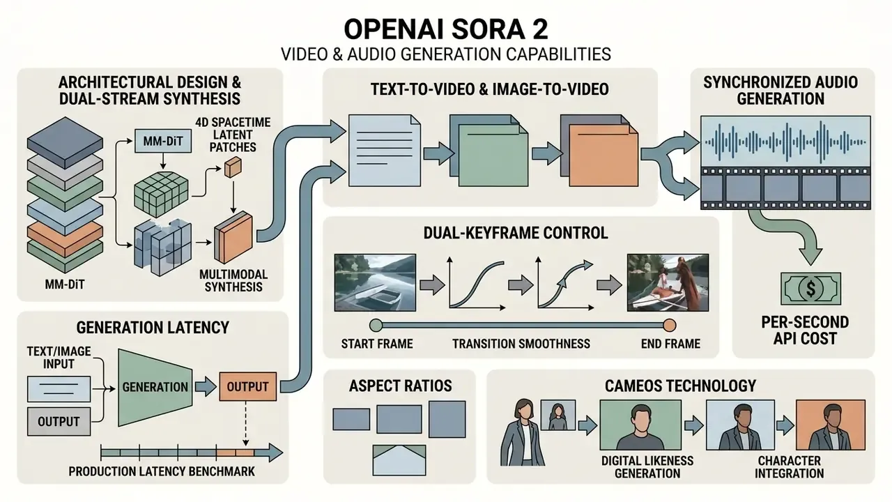 Infographic detailing OpenAI Sora 2 processes including latent patches, keyframe control, and audio output