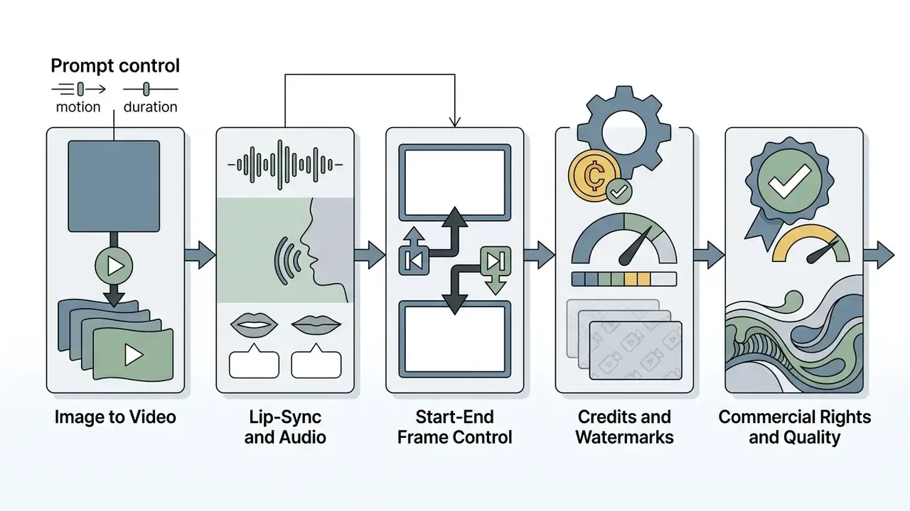 Sequential diagram showing stages from image animation and lip-syncing to frame control and rights management