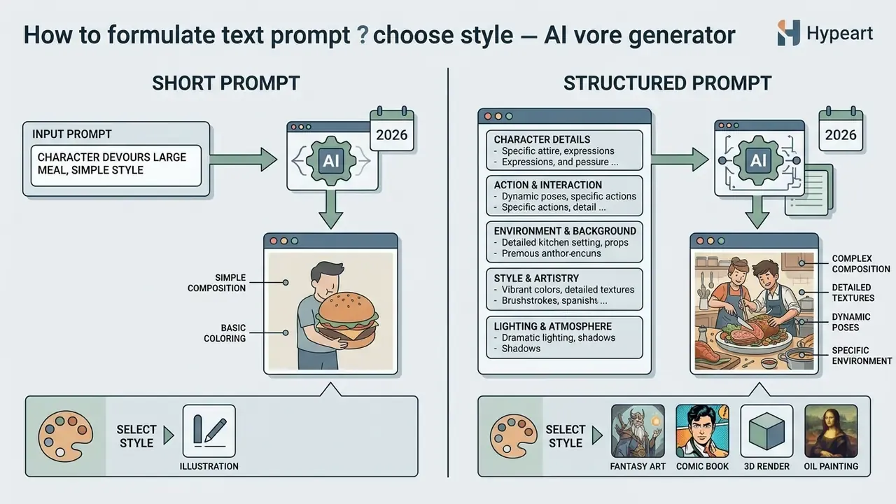 Comparison infographic showing how short versus structured prompts affect AI vore generator output detail
