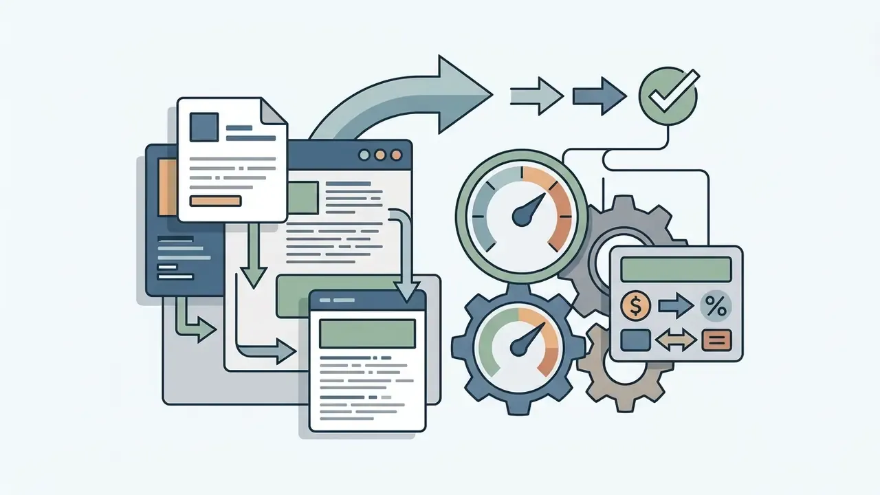 Documents and web windows flowing into gauges, gears, and a calculator with currency and percentage symbols