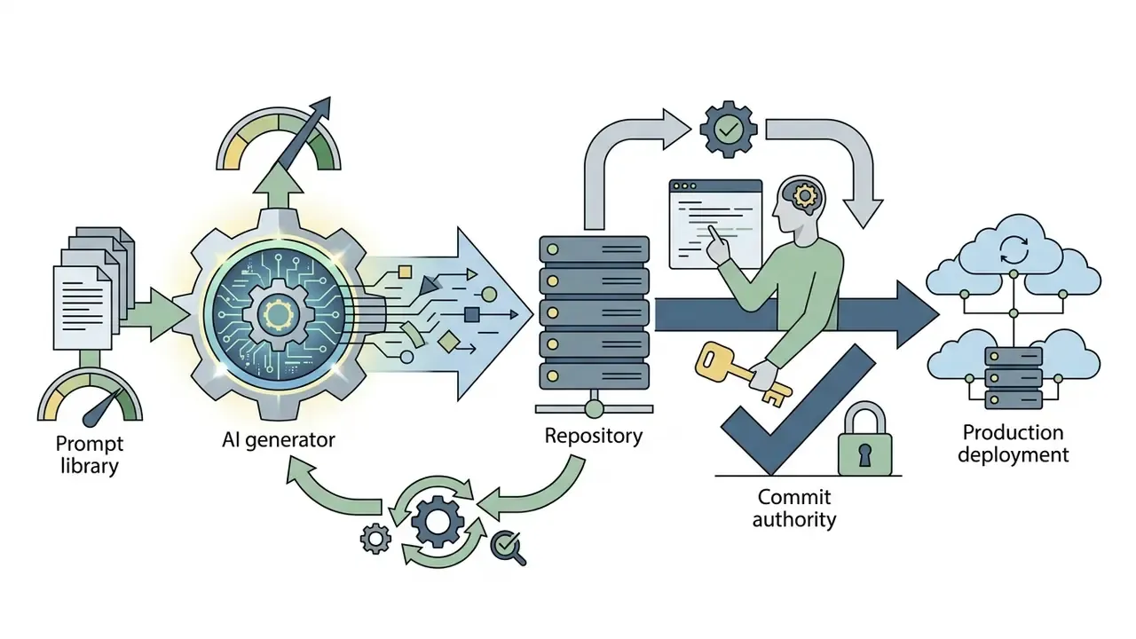 Workflow showing prompt library inputs feeding an AI generator, repository storage, and human commit review