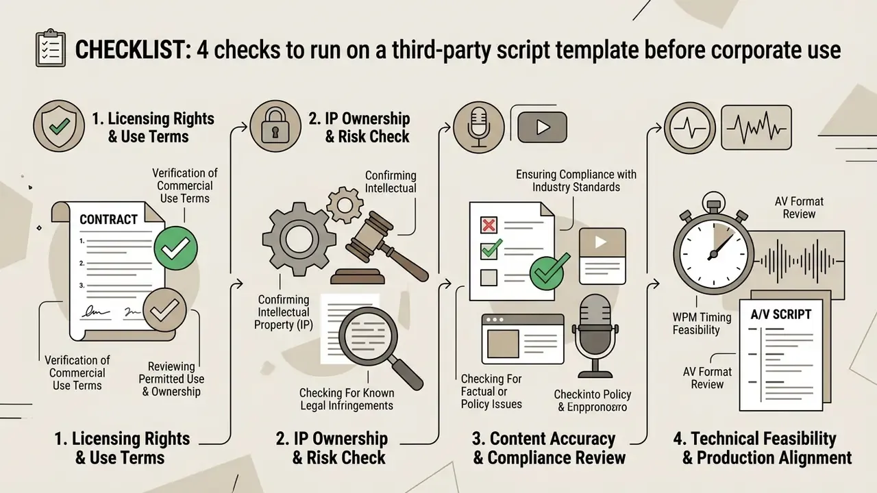 Bulleted list of four steps for vetting external documents including legal, ownership, and technical checks