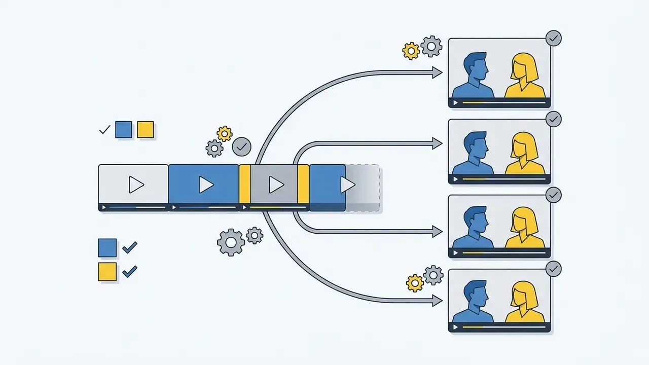 Long video timeline segments being processed into multiple short clips with consistent speaker colors