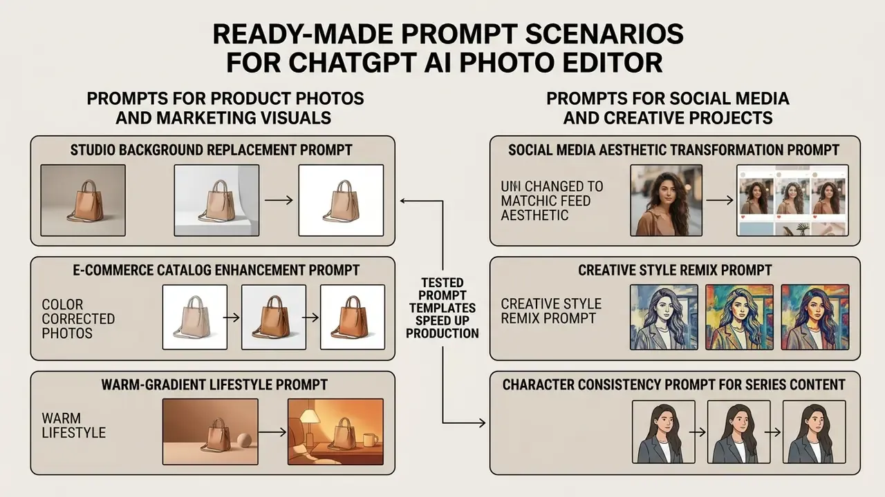 Comparison chart showing prompt templates for product marketing visuals and social media creative projects
