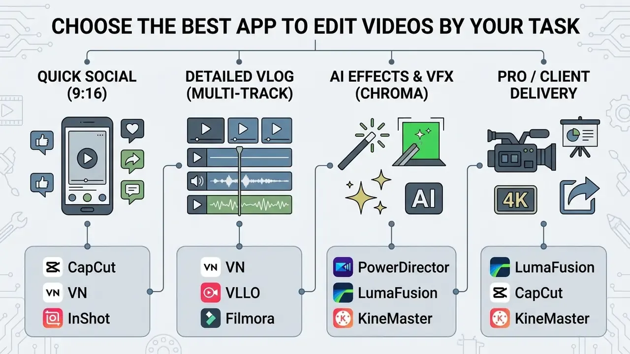 Categorization of mobile video editing apps based on specific project goals and technical requirements