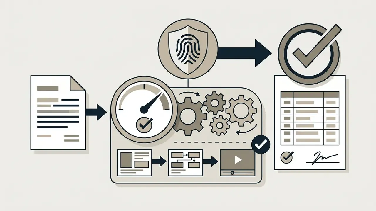 Document feeding into a processing hub with gears and status icons to generate a signed audit record