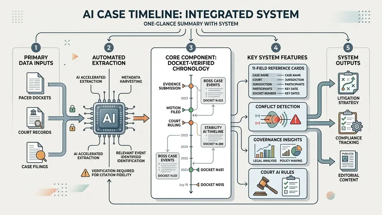 Flowchart showing AI processing of legal documents into a docket-verified chronology and system outputs