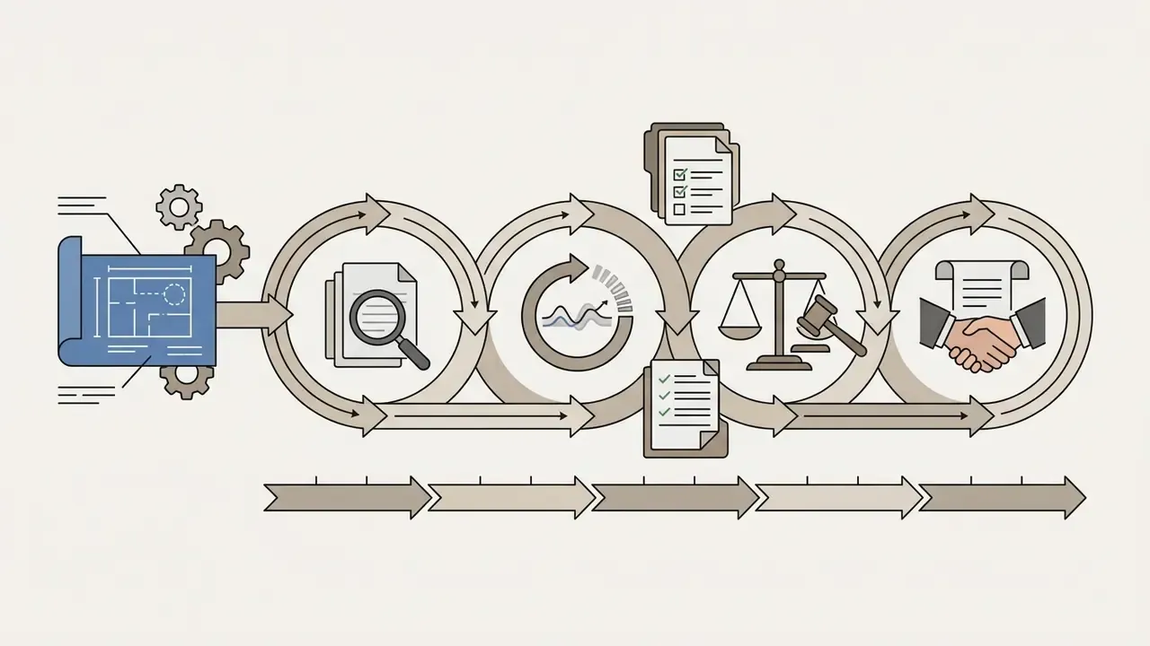 Circular process diagram showing document review, financial monitoring, legal compliance, and final approval
