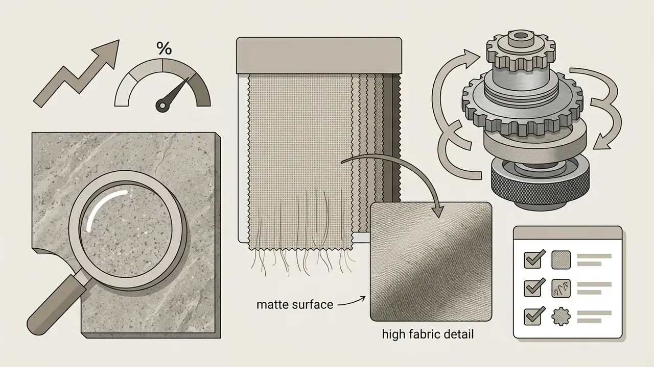Magnifying glass over stone texture, fabric swatches, rotating gears, and a checklist of material details