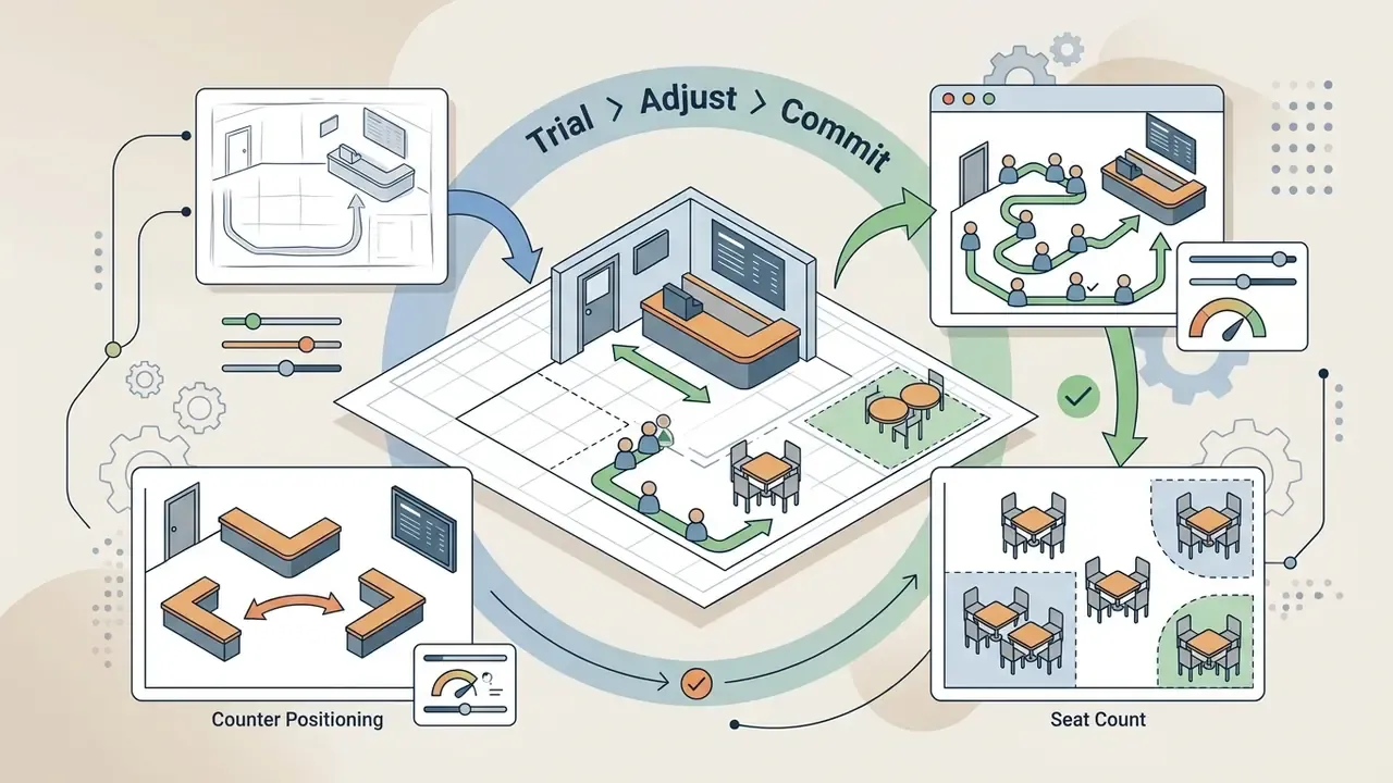 Circular workflow showing coffee shop layout iterations for counter placement, queue flow, and seat counts