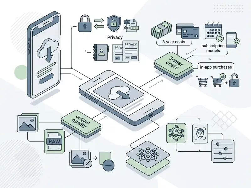 Flowchart connecting iPhone app installation to privacy settings, subscription costs, and image quality