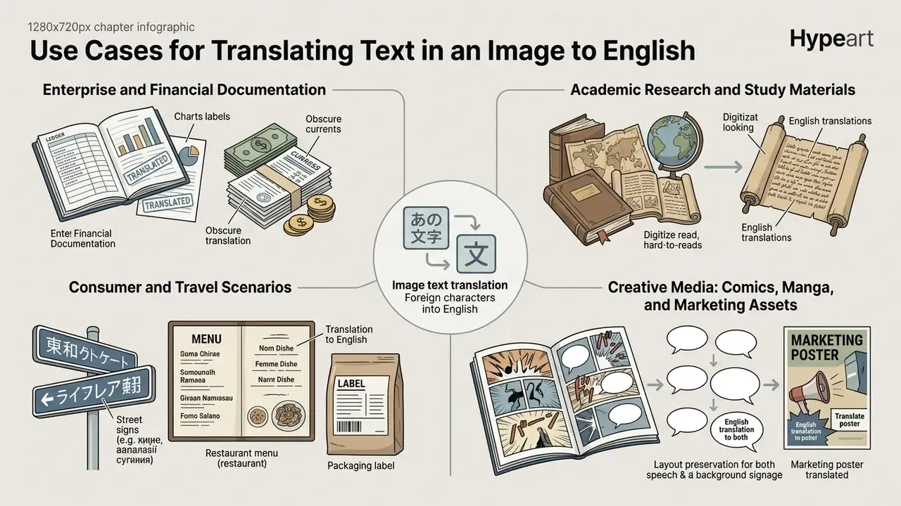 Diagram showing business, academic, travel, and media examples to translate image text into English