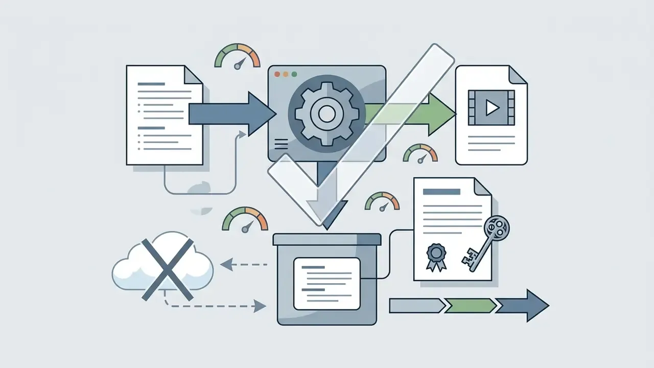 Document icons and processing gears leading to a secure container with a checkmark and deletion symbols