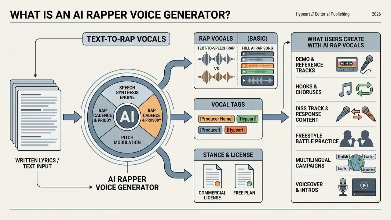 Flowchart showing how text input is processed into rap vocals, vocal tags, and licensing options