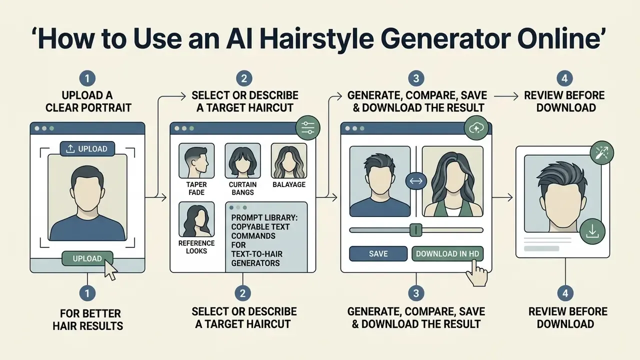 Four step workflow showing portrait upload, style selection from a library, generation, and final review