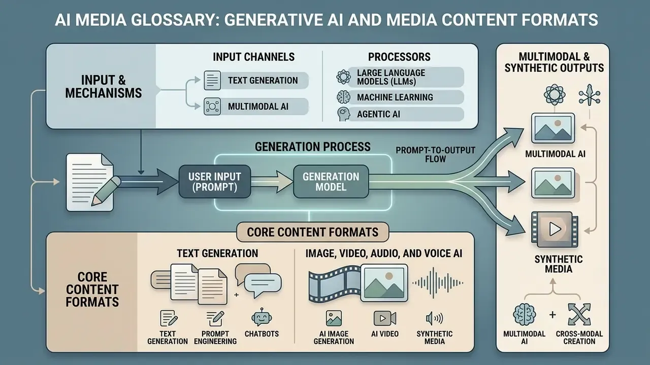 Diagram mapping the generation process from user prompts to multimodal and synthetic AI media outputs