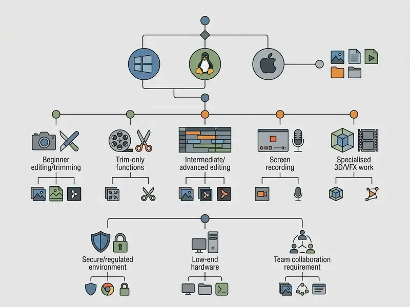 Decision tree flowchart mapping operating systems and user needs to specific software recommendations