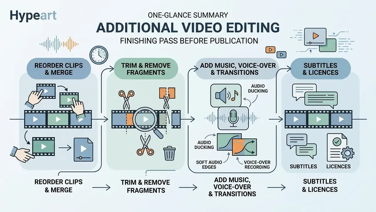 Four steps for refining video clips including trimming, reordering, adding audio effects, and subtitles
