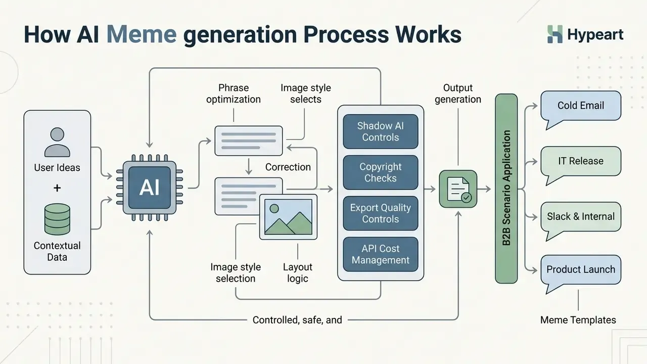 Diagram illustrating the workflow from user input and AI processing to B2B meme template generation