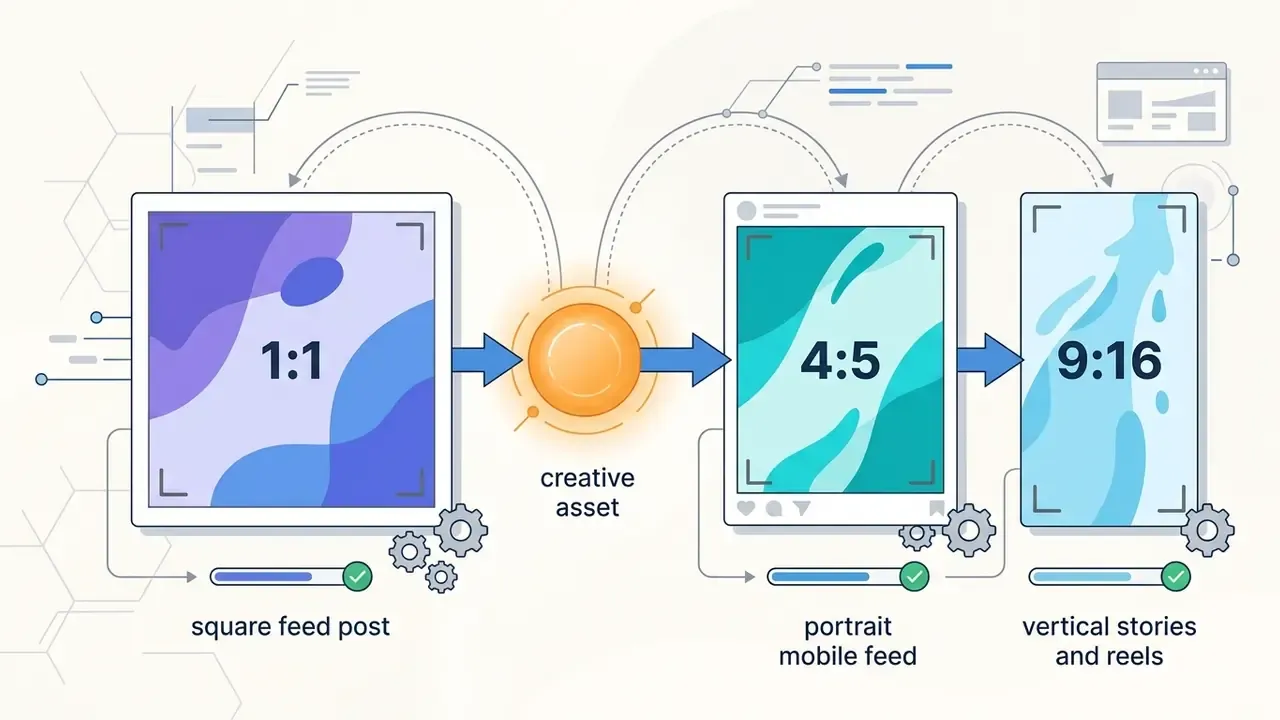 Process flow showing a creative asset being adapted into square, portrait, and vertical social media formats