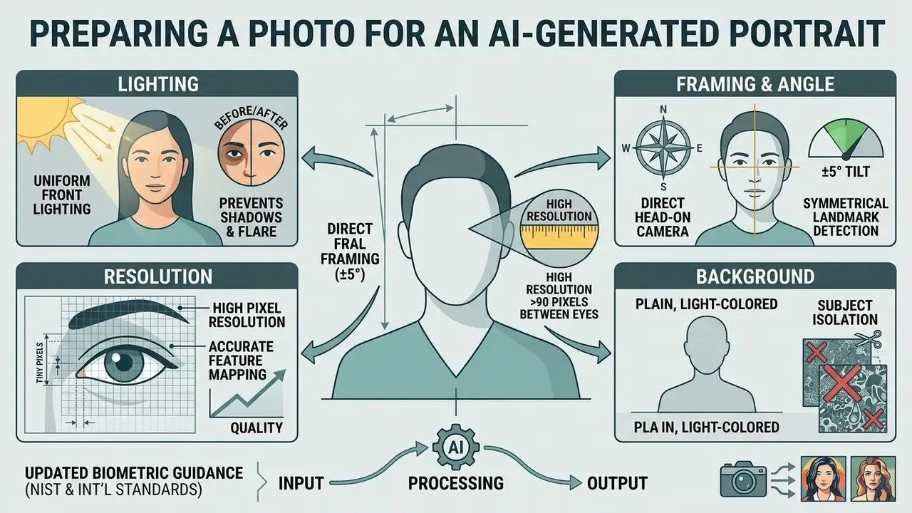 Infographic detailing optimal lighting, resolution, framing, and background for an AI portrait generator