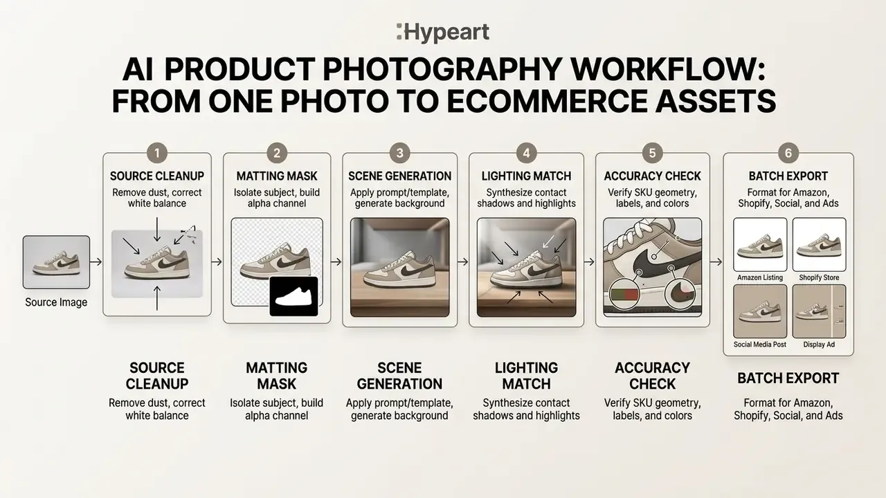 Six sequential steps for processing a sneaker photo into final AI product photography assets