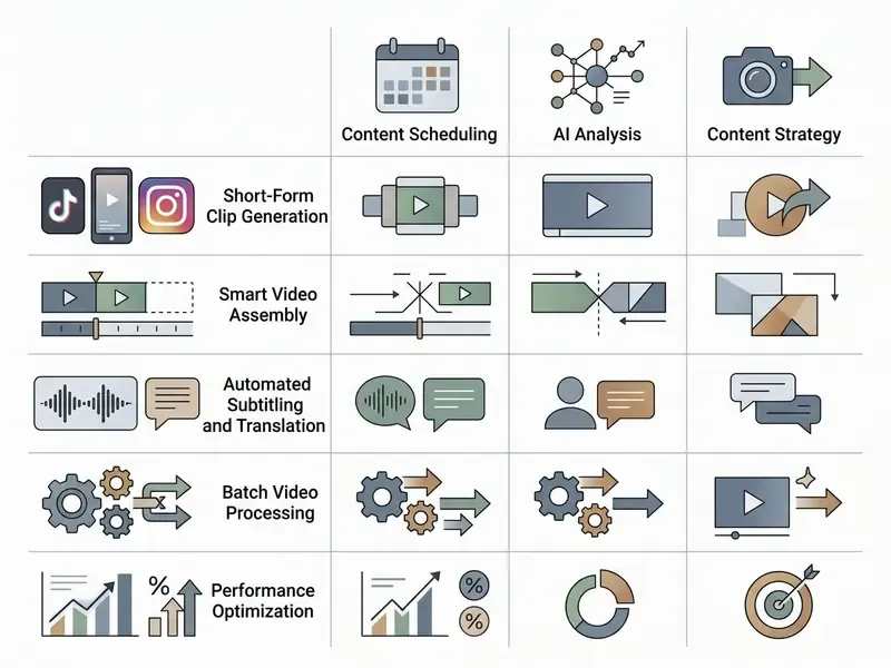 Table comparing video production features like clip generation, assembly, subtitling, and performance metrics