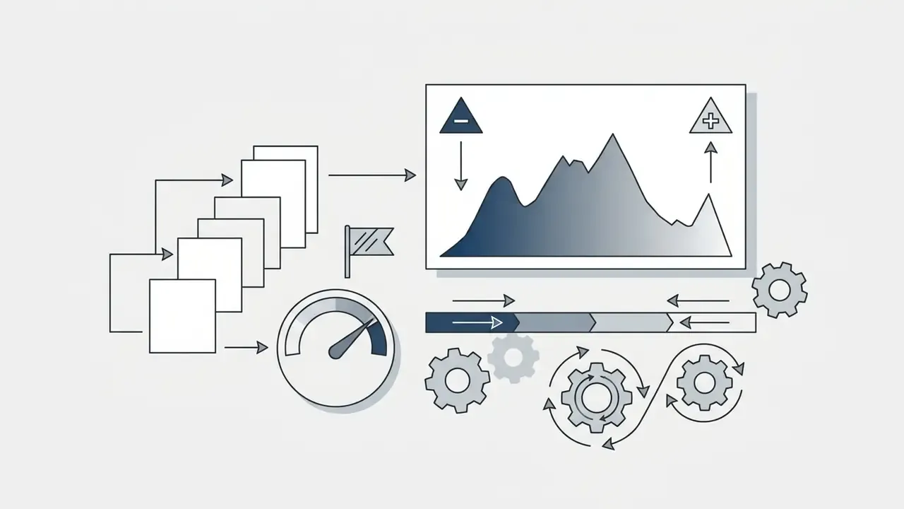 Series of icons showing a stacked document workflow, a histogram with clipping indicators, and gear mechanisms