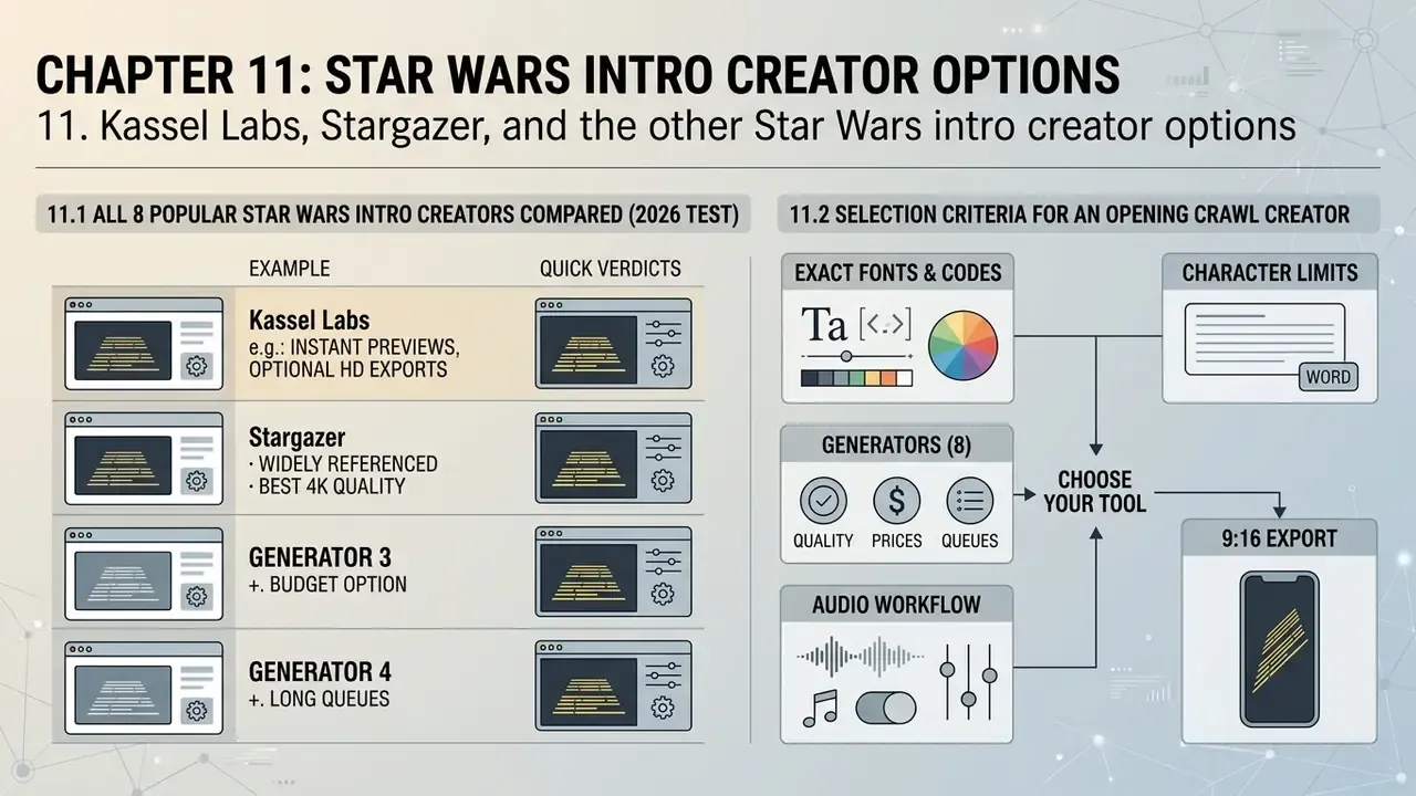 Summary table comparing web generators alongside a decision tree for selecting crawl video software
