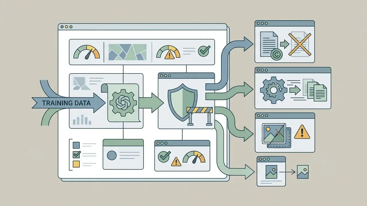 Training data flowing through a central processing hub into various risk assessment and output windows