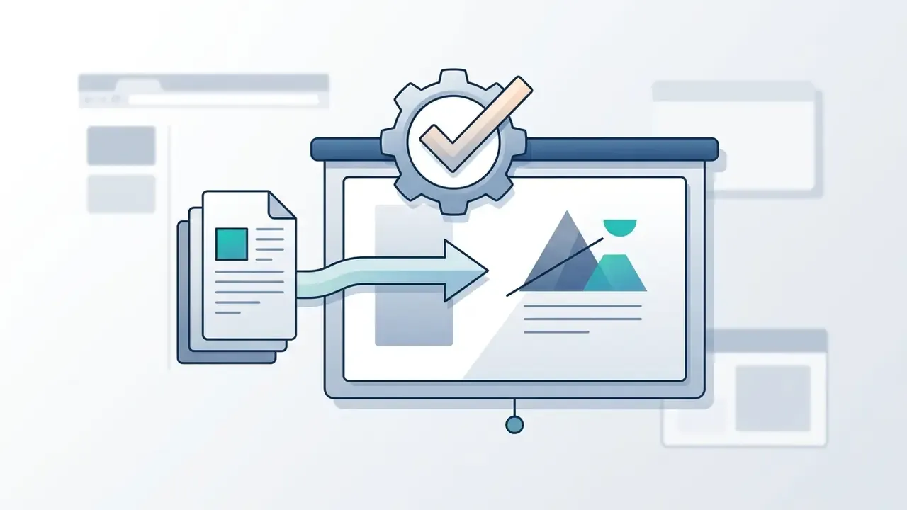 Document being moved onto a presentation slide with a gear and checkmark icon for final review