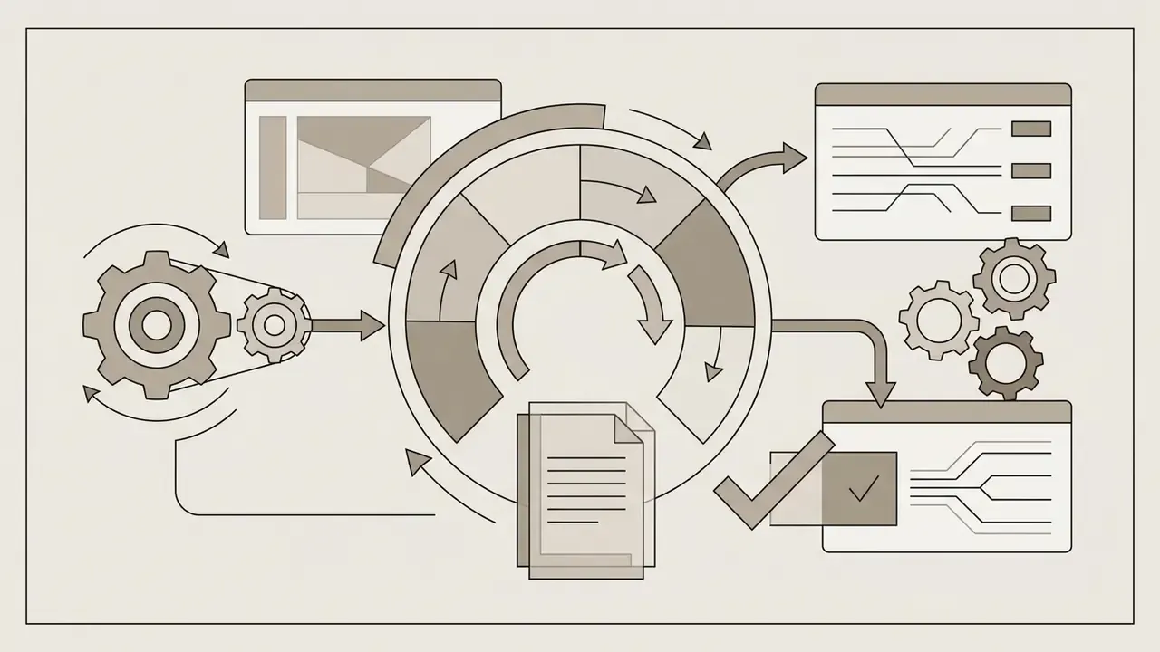 Circular processing loop with gears and documents generating verified AI media benchmarks and review proof