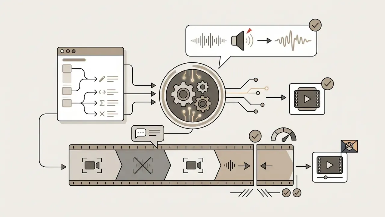 Editing interface commands modifying a film strip timeline through a central processing gear mechanism