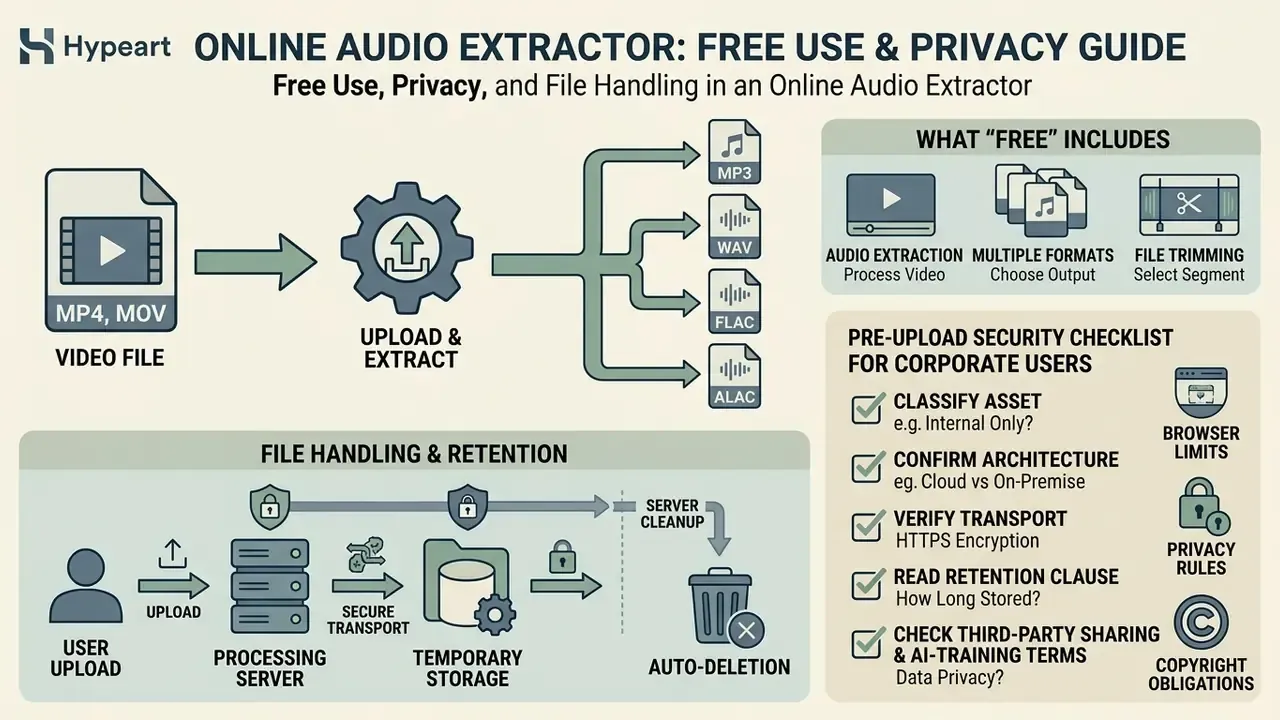 Infographic detailing audio extraction workflows, file retention policies, and corporate security checklists