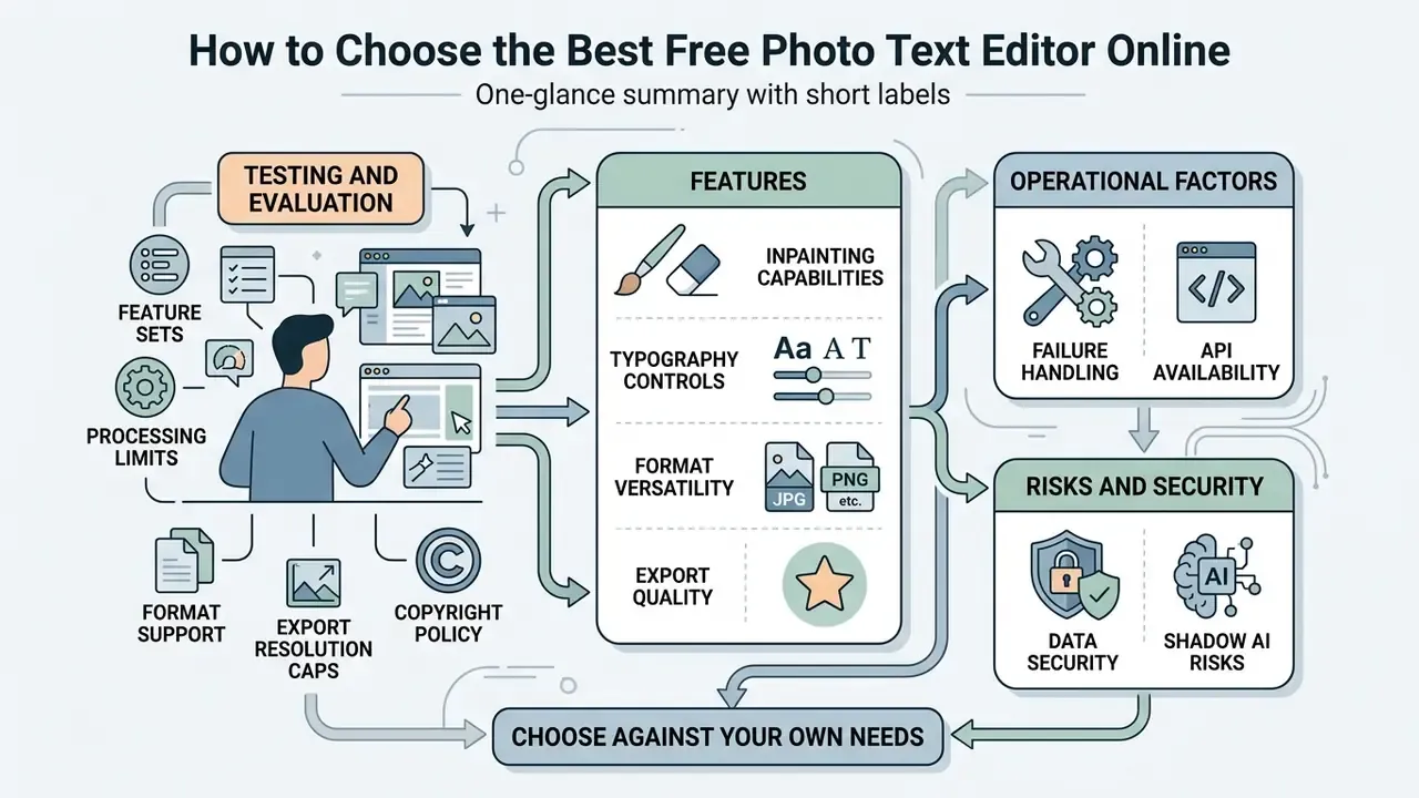 Infographic mapping evaluation criteria including features, operational factors, and security risks